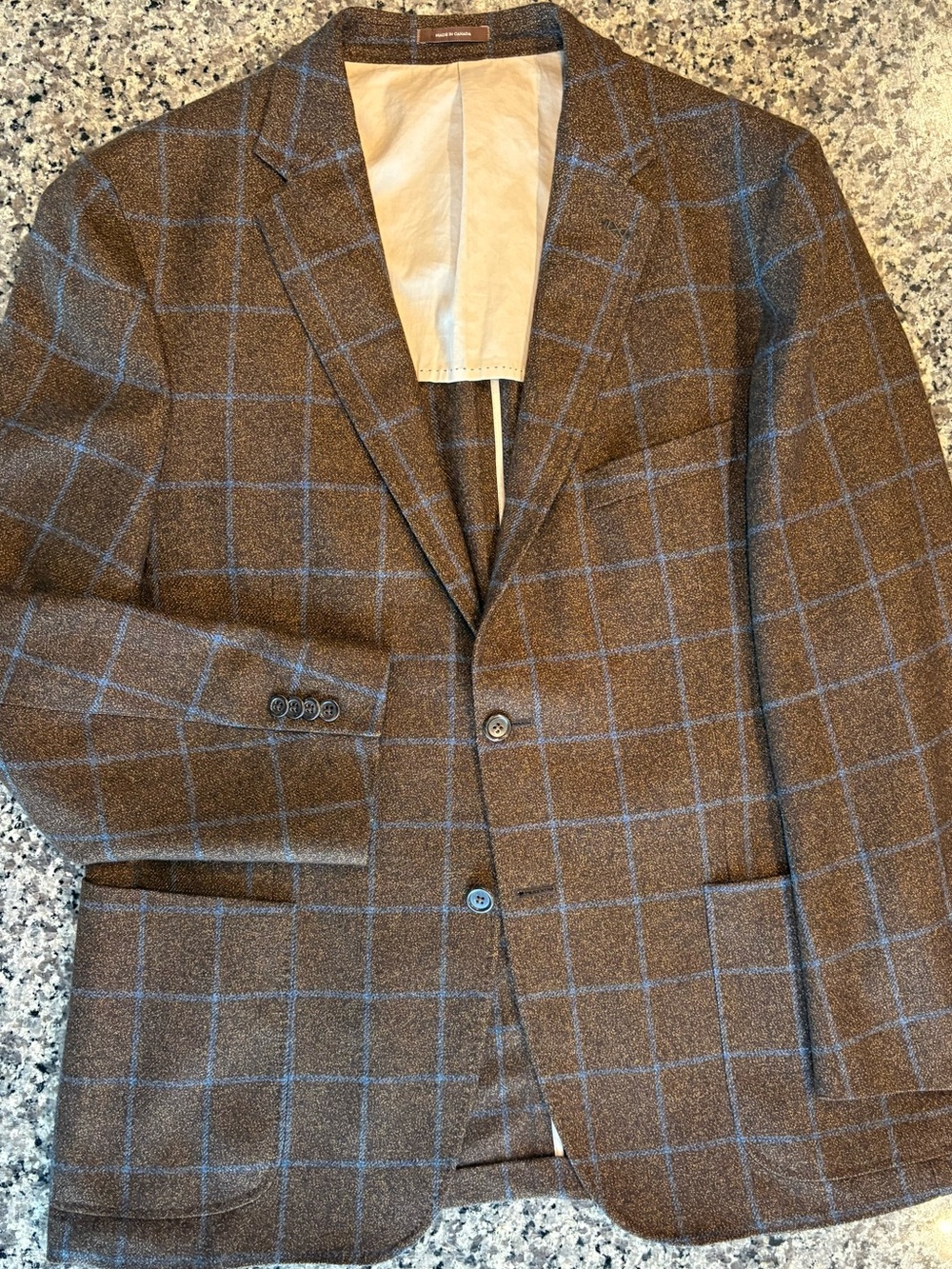 Peter Millar Brown Blue Windowpane Sport Coat Blazer Canada 100% Cashmere 44R